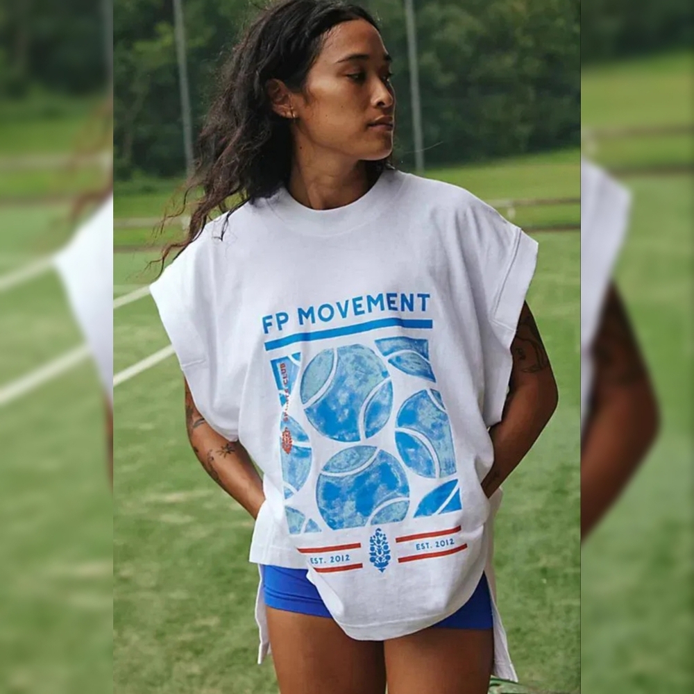 Free People White and Blue Graphic Tee